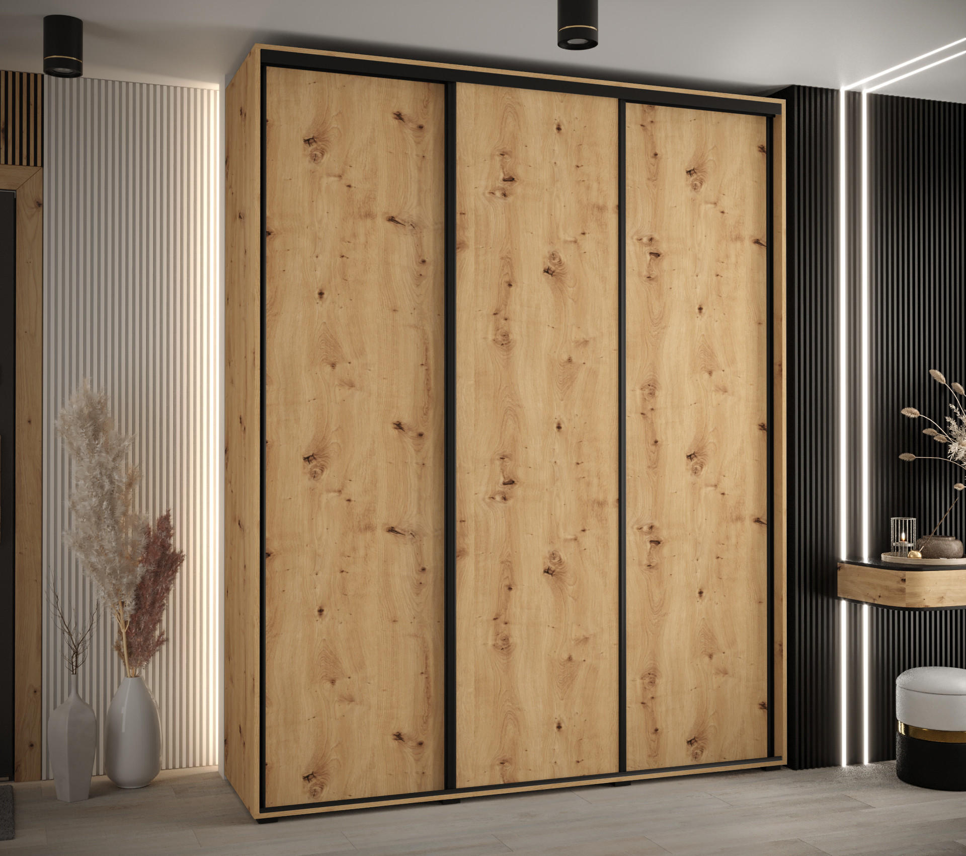 SCHWEBETÜRENSCHRANK 235,2/200/45 3-türig - Schwarz/Eiche Artisan, Holz/Metall (200/235/45cm) - Abiks Möbel