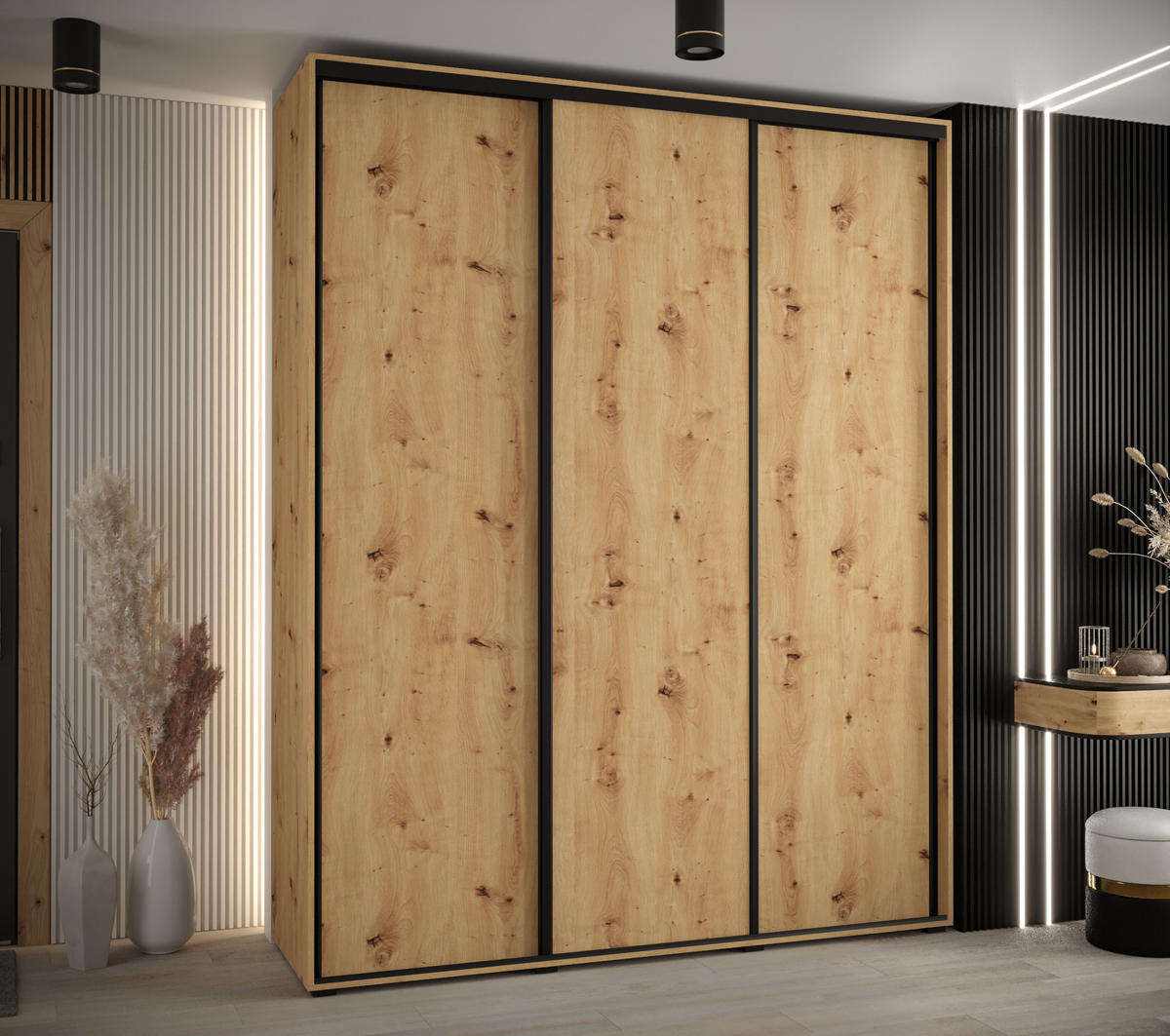 SCHWEBETÜRENSCHRANK 235,2/200/45 3-türig - Schwarz/Eiche Artisan, Holz/Metall (200/235/45cm) - Abiks Möbel