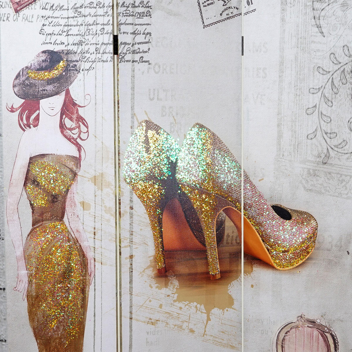 FOTO-PARAVENT RETRO Weiß, Gold - Goldfarben/Weiß, Holz (120/180/2cm) - MCW