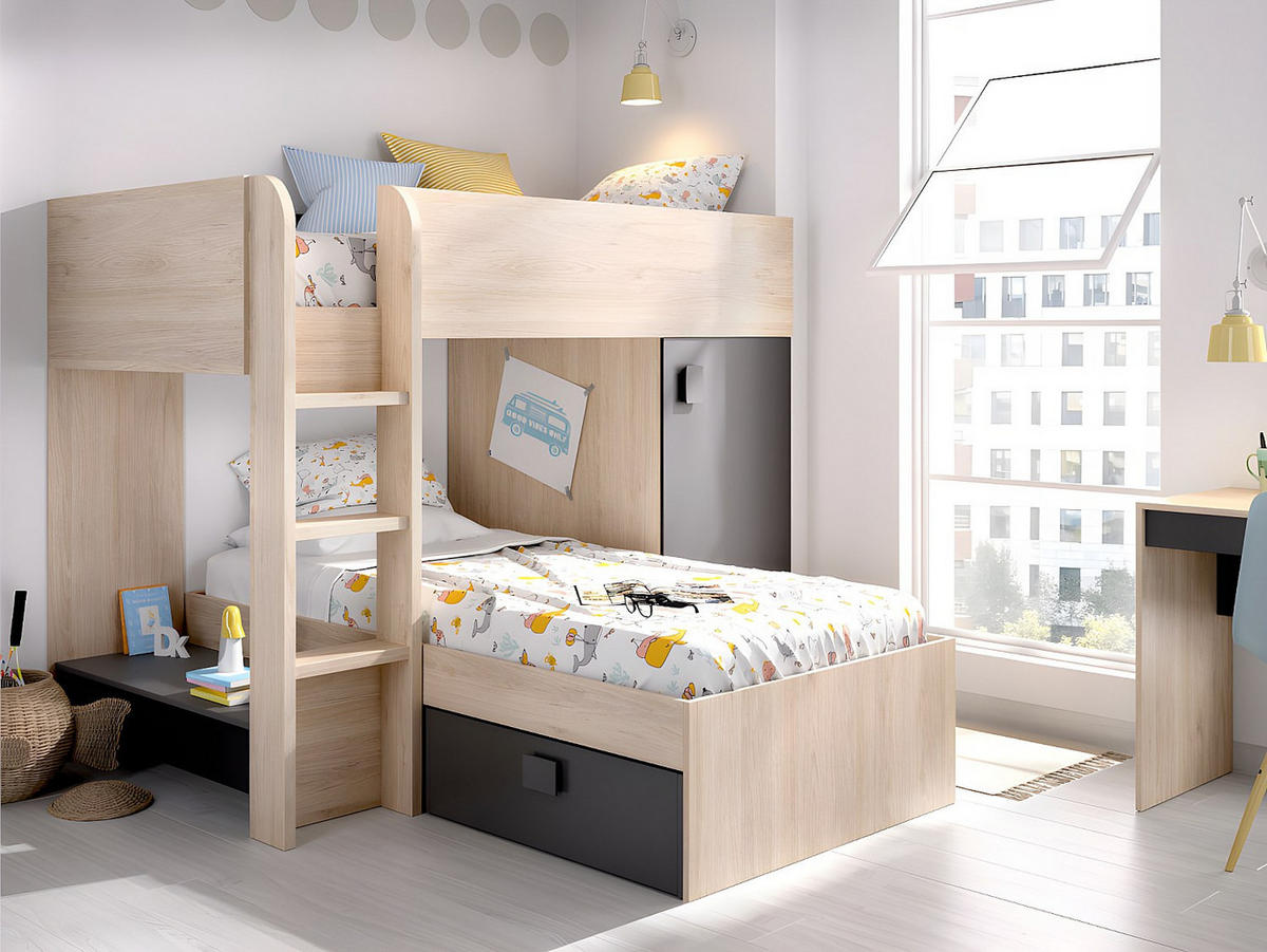 ETAGENBETT - 2 -Sitzer - Holzspan - anthrazitgrau, naturfarben hell - RICARDO - Anthrazit, Holz (111/255cm) - Vente-Unique