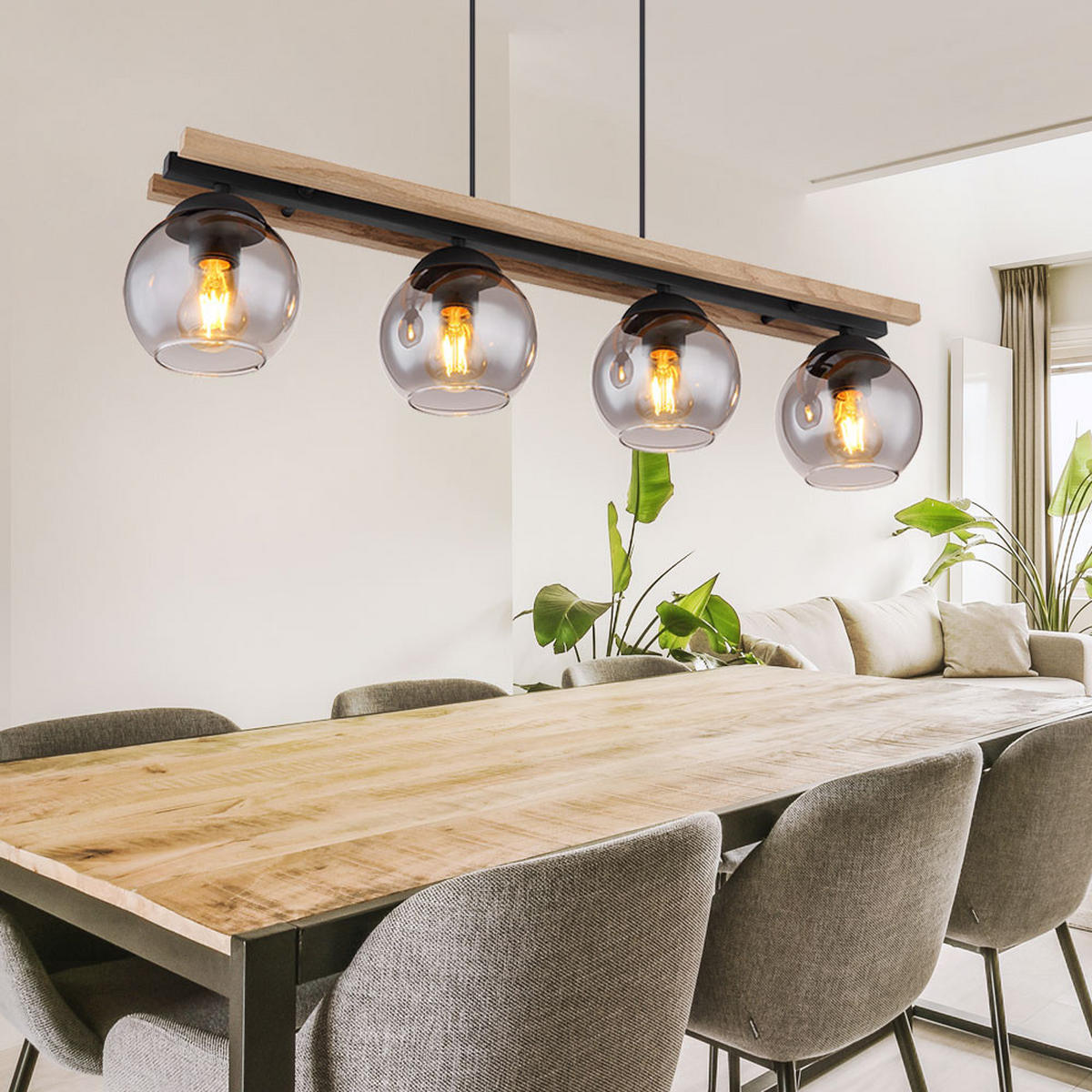 HÄNGELEUCHTE Metall Eichenholz Schwarz 4 Flammig - Schwarz, Holz (85/15/120cm) - Globo Lighting