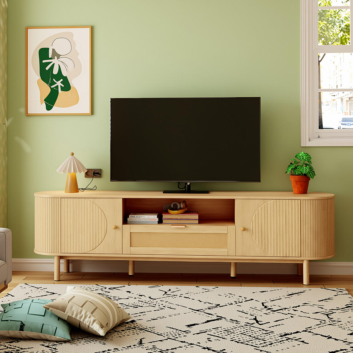 TV-SCHRANK 175 cm Natur Holzoptik mit Rattan-Schublade, Runddesign & offenen Fächern - Naturfarben, Holzwerkstoff (175/51/36cm) - Urban Meuble