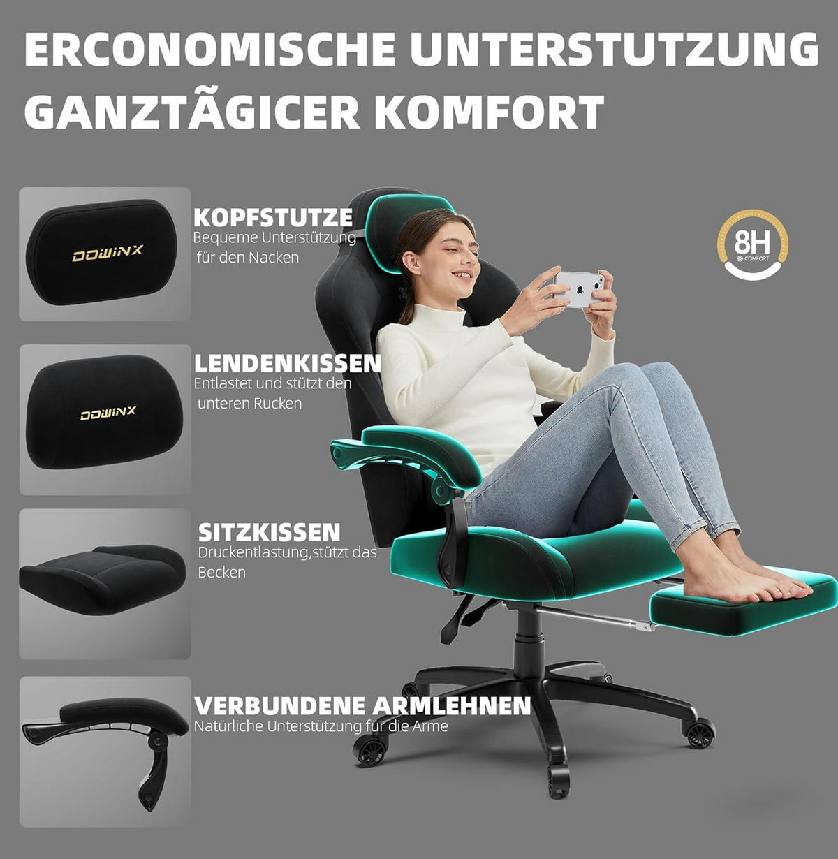 GAMING-STUHL Mikrofaser-Velours & Lendenkissen, Fußstütze 160° Neigbar - Schwarz, Leder (70/132/70cm)