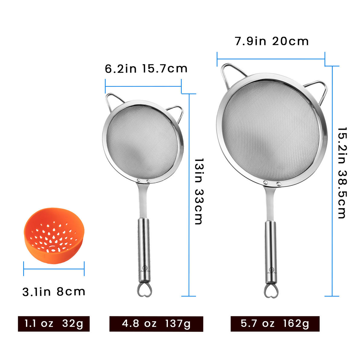 KÜCHENSIEB - Edelstahl,Sieb-Set, Edelstahl, 3-teilig: Mehlsieb, Nudelsieb und Silikon-Dosensieb - Edelstahlfarben, Metall (39/9/24cm) - Gourmet Easy