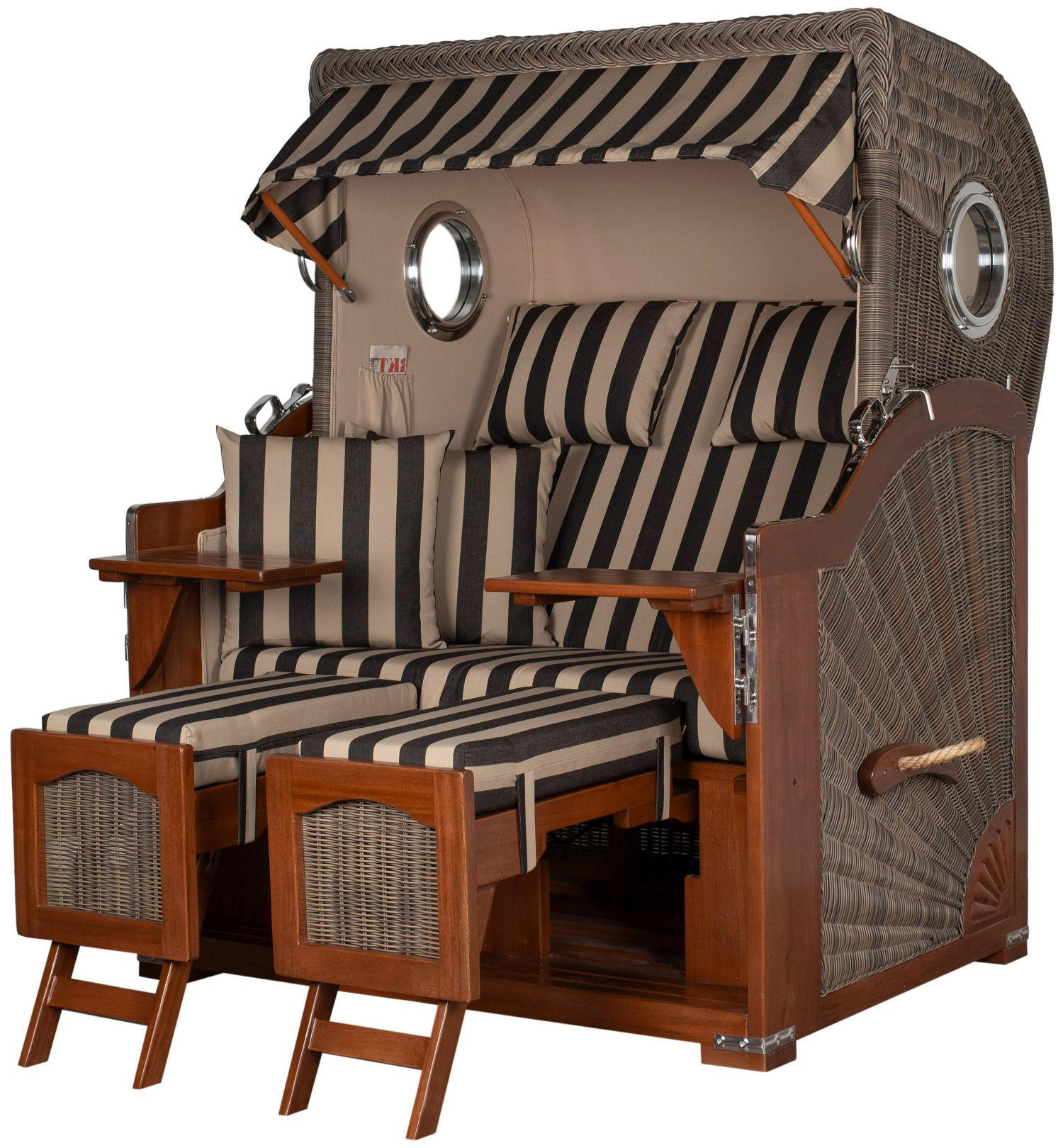 STRANDKORB Komplettset: Ammersee Mahagoni Bullauge - PE grau - Modell 581 - Beige/Braun, Holz/Kunststoff (125/165/80cm) - bene living