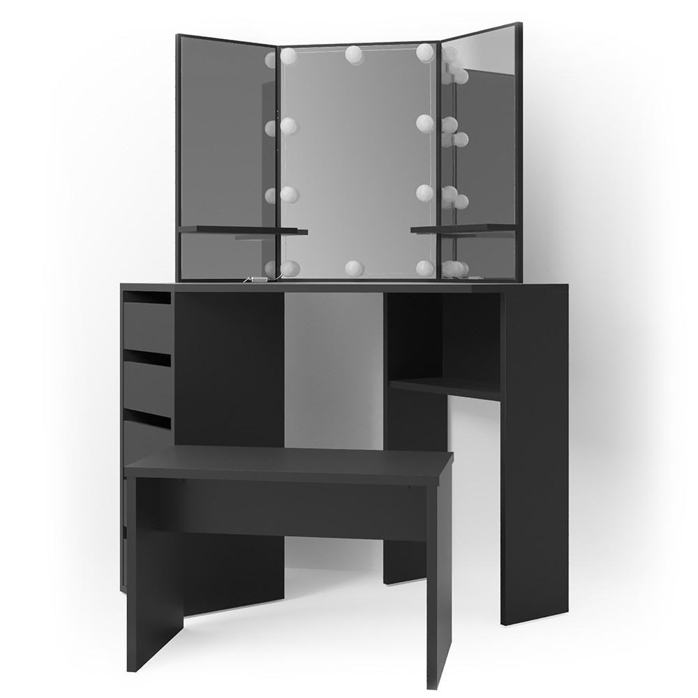 ECKSCHMINKTISCH Arielle Schwarz 110 cm mit LED Beleuchtung und Bank - Schwarz, Holzwerkstoff (110/141.5/54cm) - Vicco