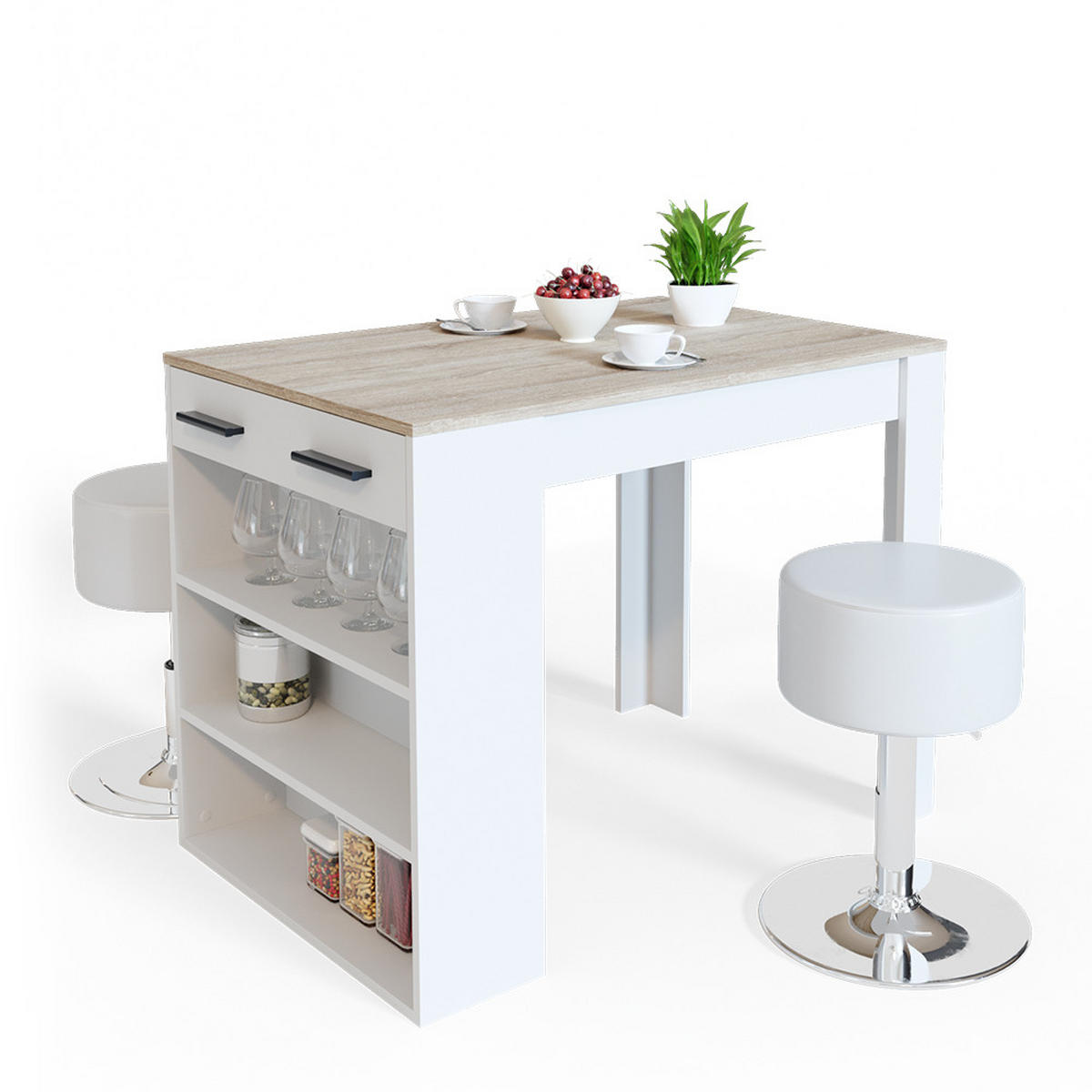 ESSTISCH-SET Repose Sonoma/Weiß 67 x 100 cm mit 2 Hockern - Weiß/Sonoma Eiche, Holzwerkstoff (67/77.5/100cm) - Vicco