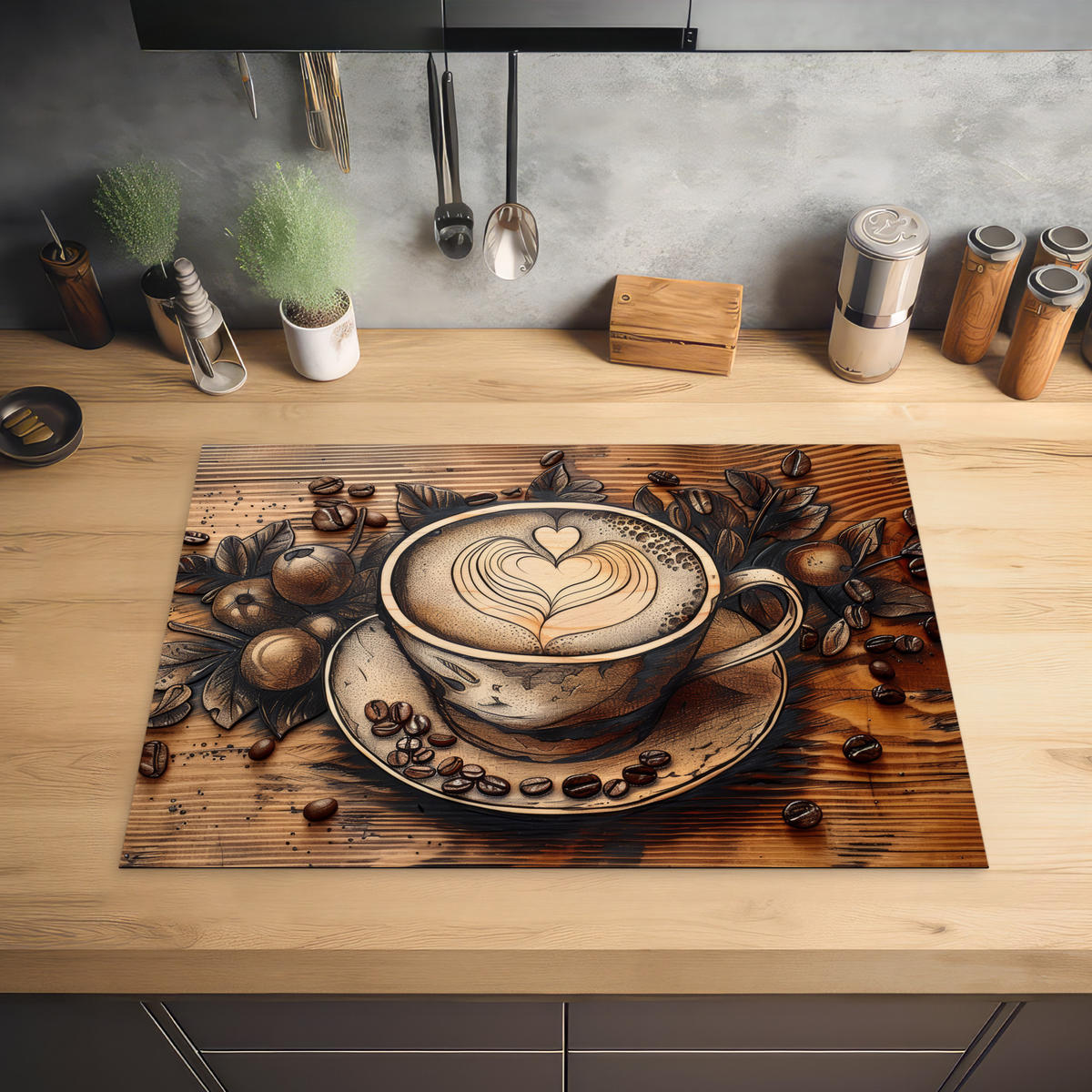 HERABDECKPLATTE - Kaffee - Vintage - Braun - Tasse - Holz - 75x55 - Cappuccino, Kunststoff (75/55/0.2cm) - MuchoWow