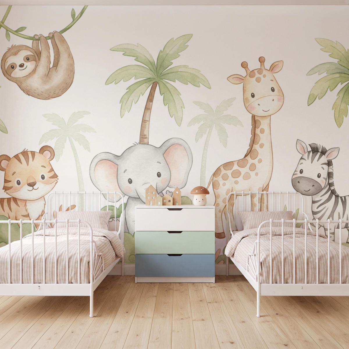 KINDERTAPETE - Tiere - Dschungel - Pastell - 400x300 cm - Weiß, Papier (400/300cm) - OnlyWow