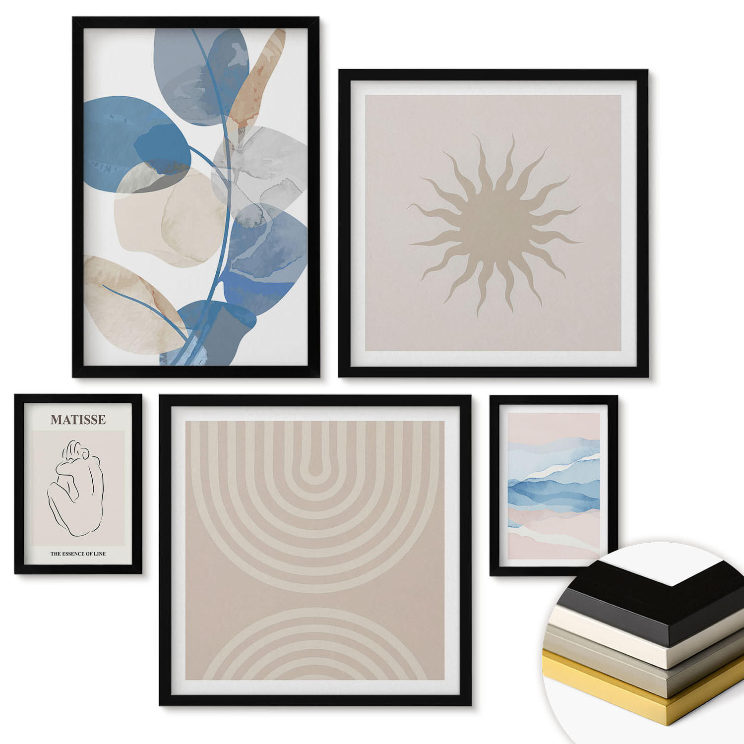 WANDBILDER 5er-Set - 50x50 cm & 20x30 cm & 40x60 cm Schwarzer Rahmen - Linien, Wellen, Pastellfarben, minimalistisch - Schwarz, Kunststoff (40/60cm) - ArtPrintCave