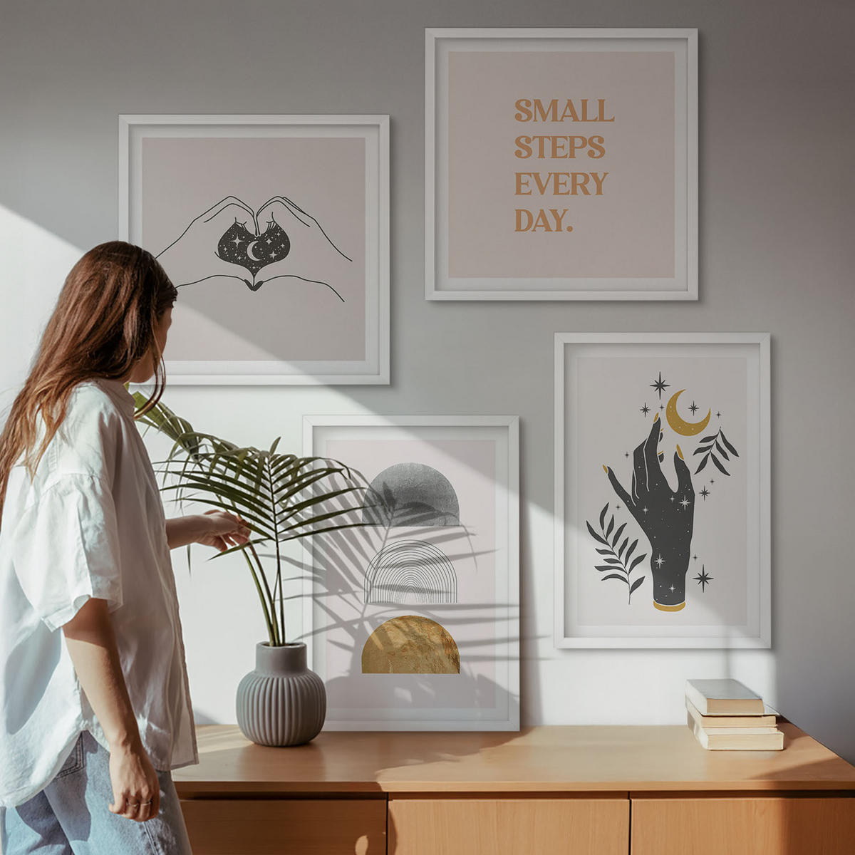 WANDBILDER 4er-Set - 50x50 cm & 40x60 cm Weißer Rahmen - Minimalistische Boho-Illustrationen - Weiß, Kunststoff (50/50cm) - ArtPrintCave