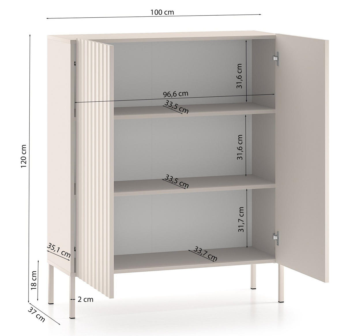 HIGHBOARD Derriva Hellbeige 100 cm - Ecru/Beige, Holzwerkstoff/Metall (100/120/37cm) - Selsey