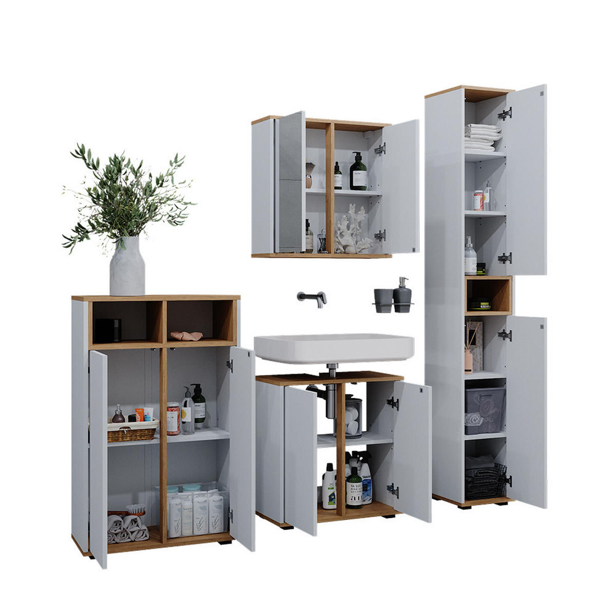 BADMÖBEL-SET Didi Weiß/Artisan 4 Teile mit Hochschrank und Midischrank mit Türen - Weiß/Eiche Artisan, Holzwerkstoff (60/62/30cm) - Vicco
