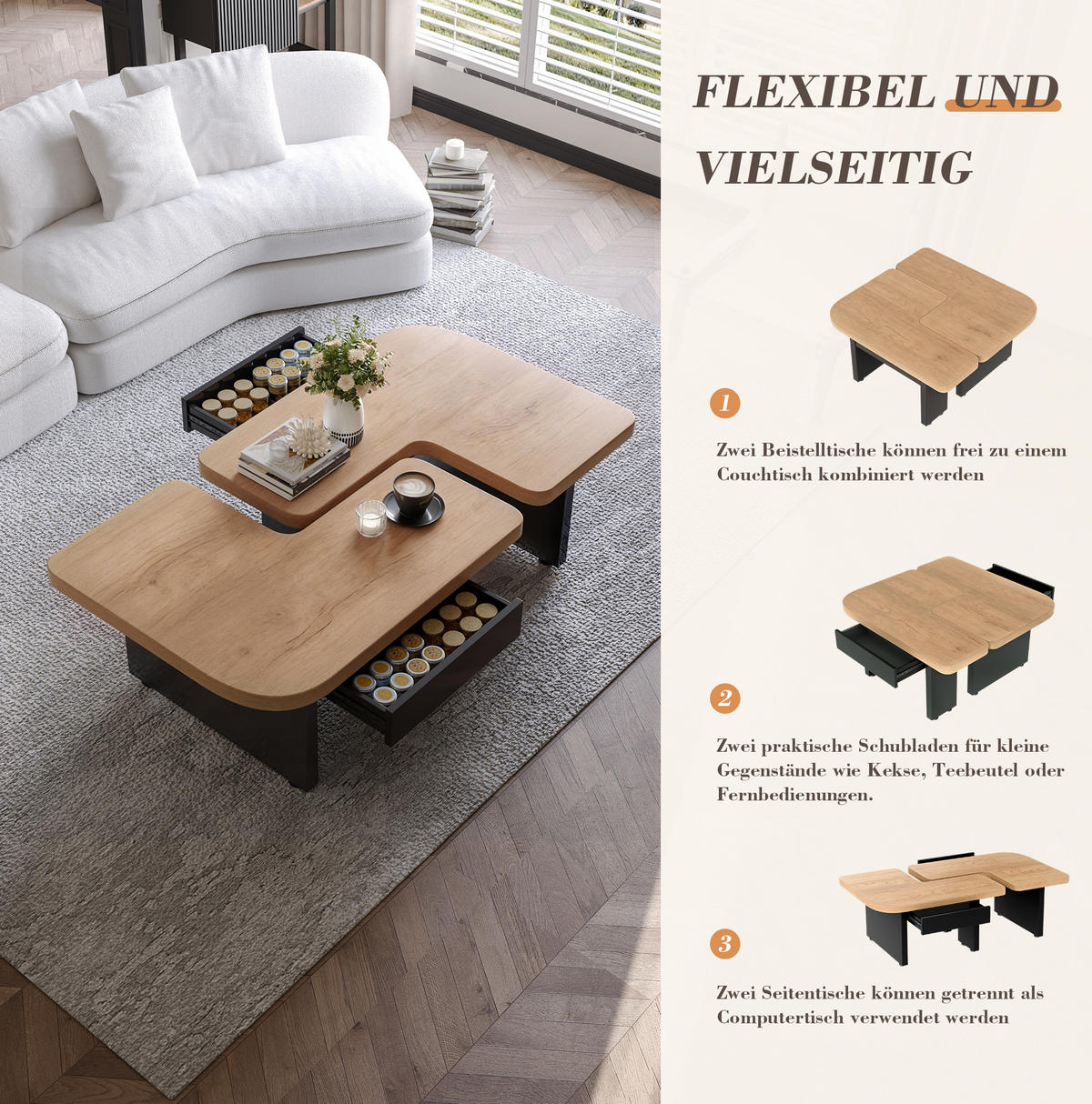COUCHTISCH 90/60 cm mit LED-Beleuchtung und 2 Schubladen - Naturfarben, Holzwerkstoff (90/60/44.5cm) - BEAOK