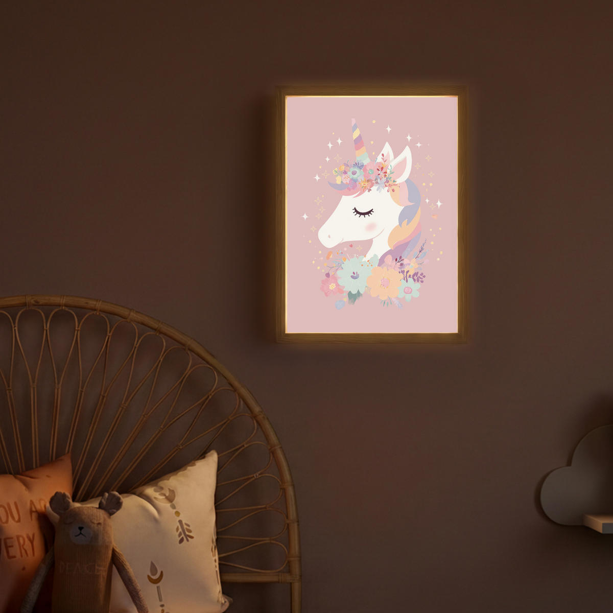 DOBÍJECÍ NOČNÍ LAMPIČKA Jednorožec - růžová - květiny 30x40 cm - růžová, kompozitní dřevo (8/30/40cm) - OnlyWow