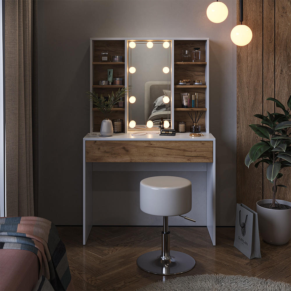 SCHMINKTISCH Alexa Goldkraft Eiche/Weiß 93 cm mit LED Beleuchtung und Hocker - Honigeiche/Weiß, Holzwerkstoff (93/147/40cm) - Vicco