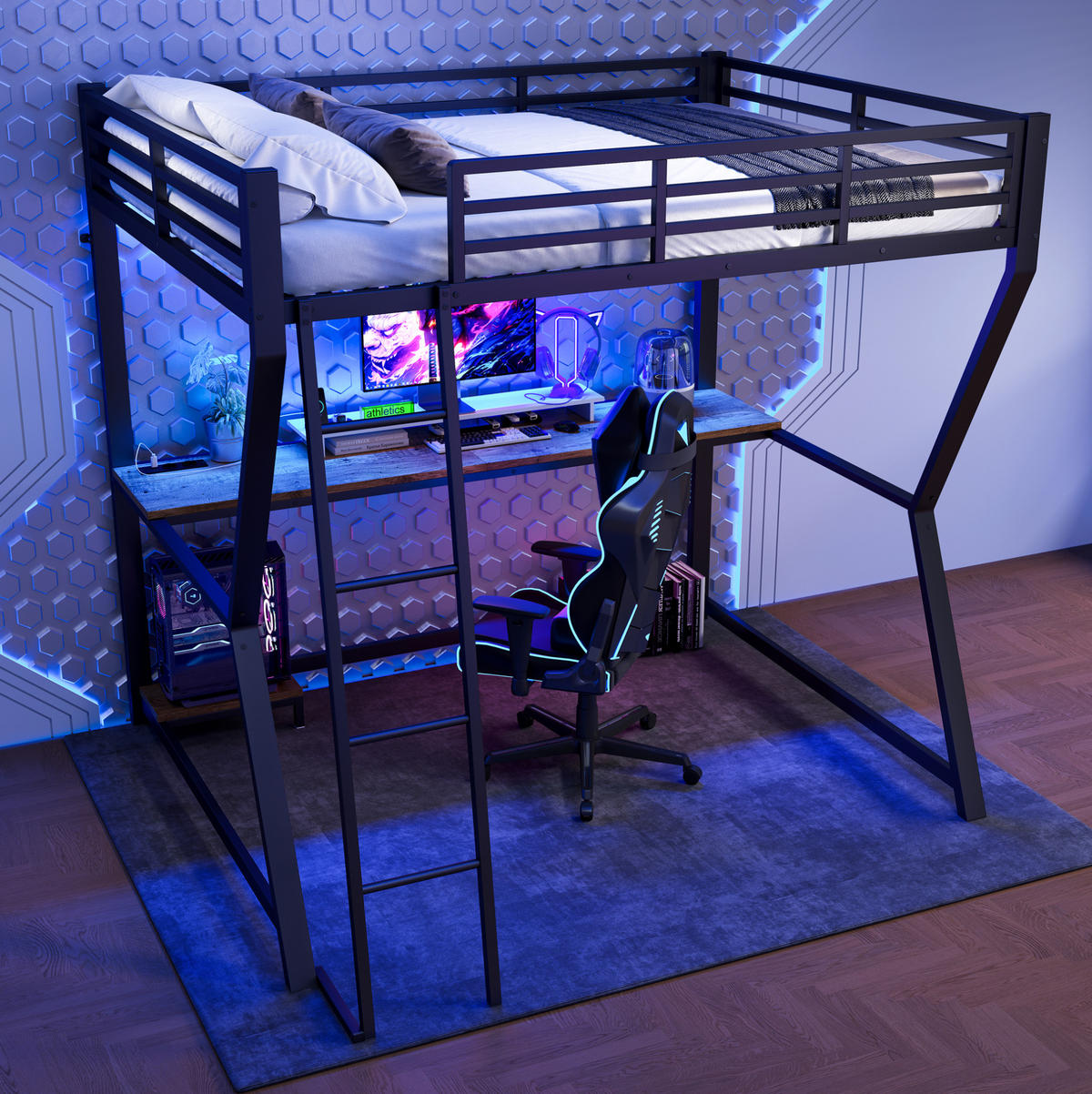 HOCHBETT 140/200 cm aus Metall mit LED und Schreibtisch, Schwarz - Schwarz, Metall (140/200cm) - OKMYHOME