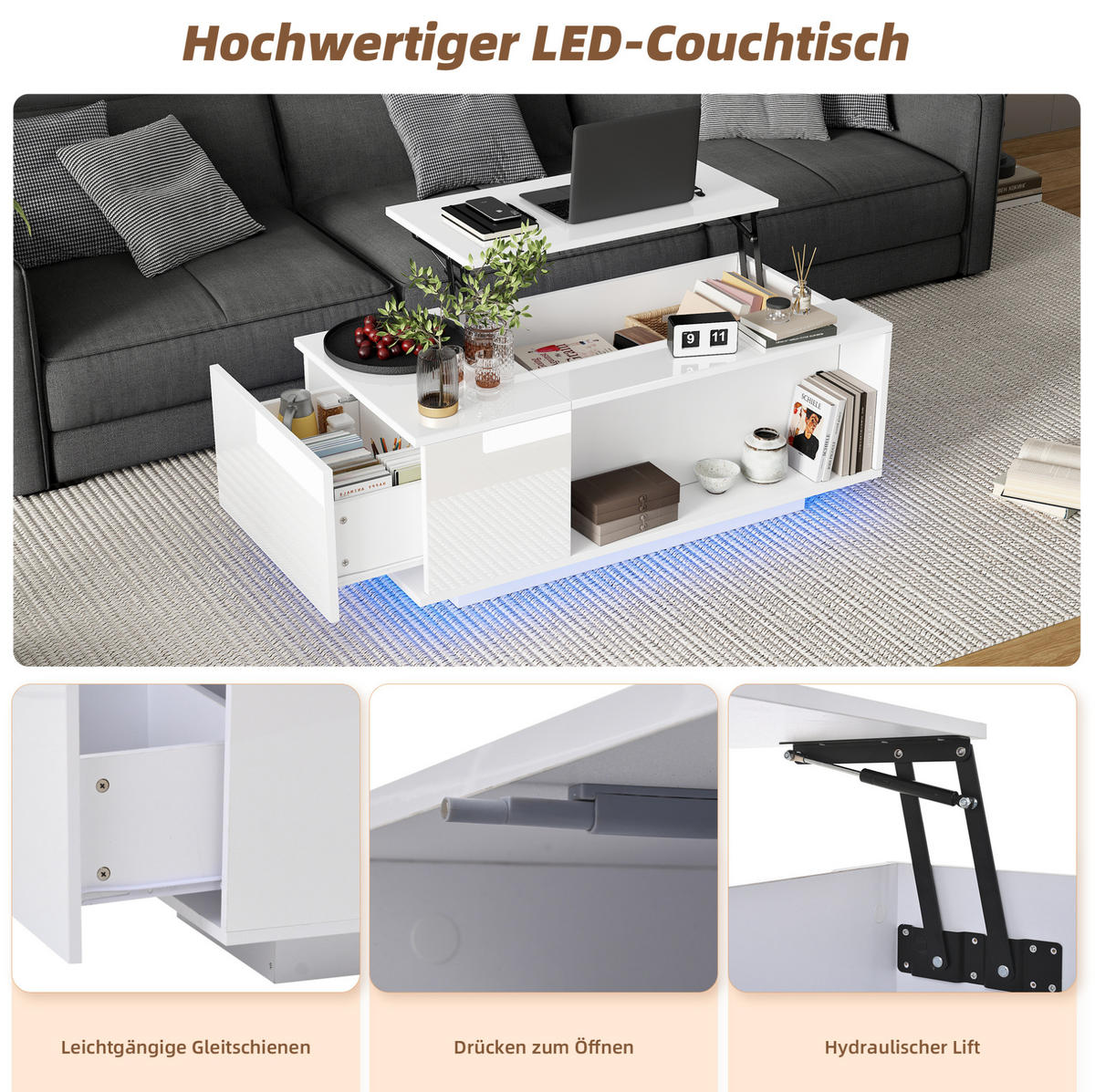 KLUB stolić 100/50/40 cm bijeli od iverice s podiznom pločom i LED rasvjetom - bijela, drvni materijal (100/50/40cm) - OKWISH