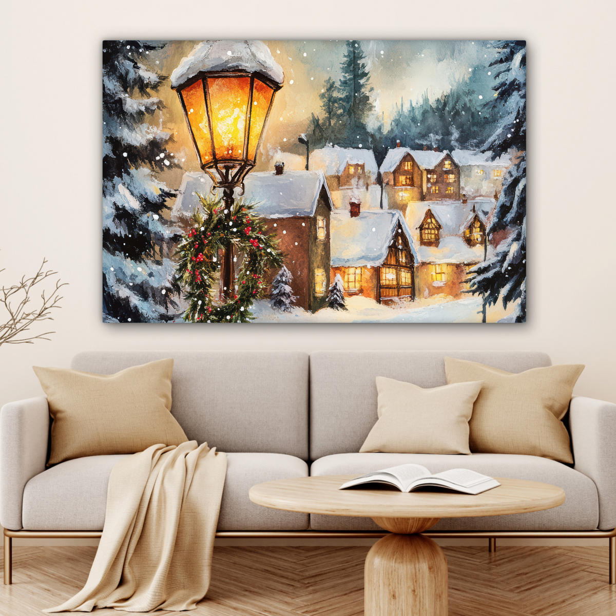 LEINWANDBILD Weihnachtsdorf - Häuser - Schnee - Weihnachten Wohnzimmer 120x80 cm - Sandfarben, Textil (120/80cm) - MuchoWow