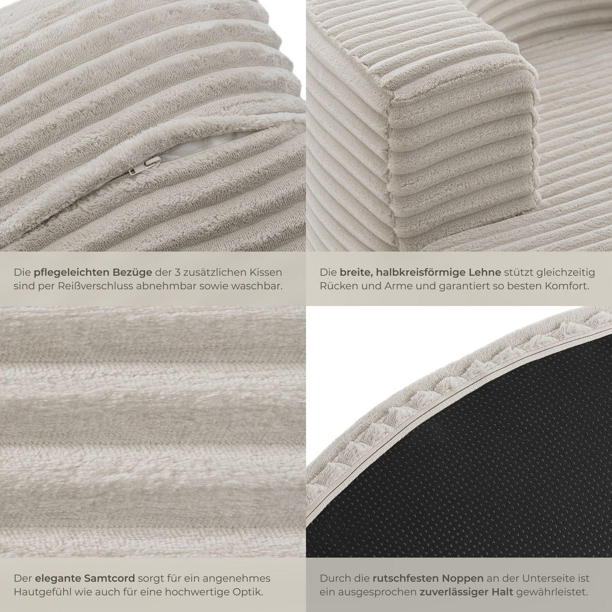 RELAXSESSEL Love, Ø 127 x 60 cm, mit 3 Kissen, Samtcord beige - Beige, Kunststoff/Textil (127/60/127cm) - tectake