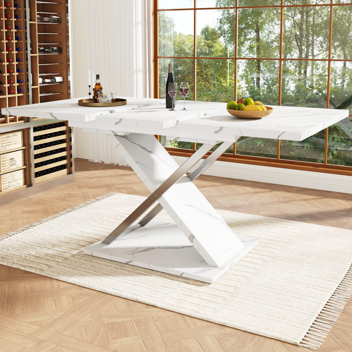 AUSZIEHBARER Esstisch aus MDF mit Marmormuster, 118-157/75/76,4 cm, Weiß - Weiß, Holzwerkstoff (118/75/76.4cm) - Redom