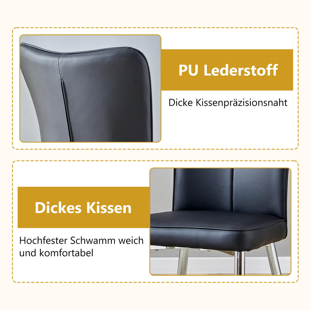 STUHL-SET DE-36517 2 Stück mit PU-Bezug und Metallbeinen Schwarz - Schwarz, Metall (44/89/45cm) - ComfortXL