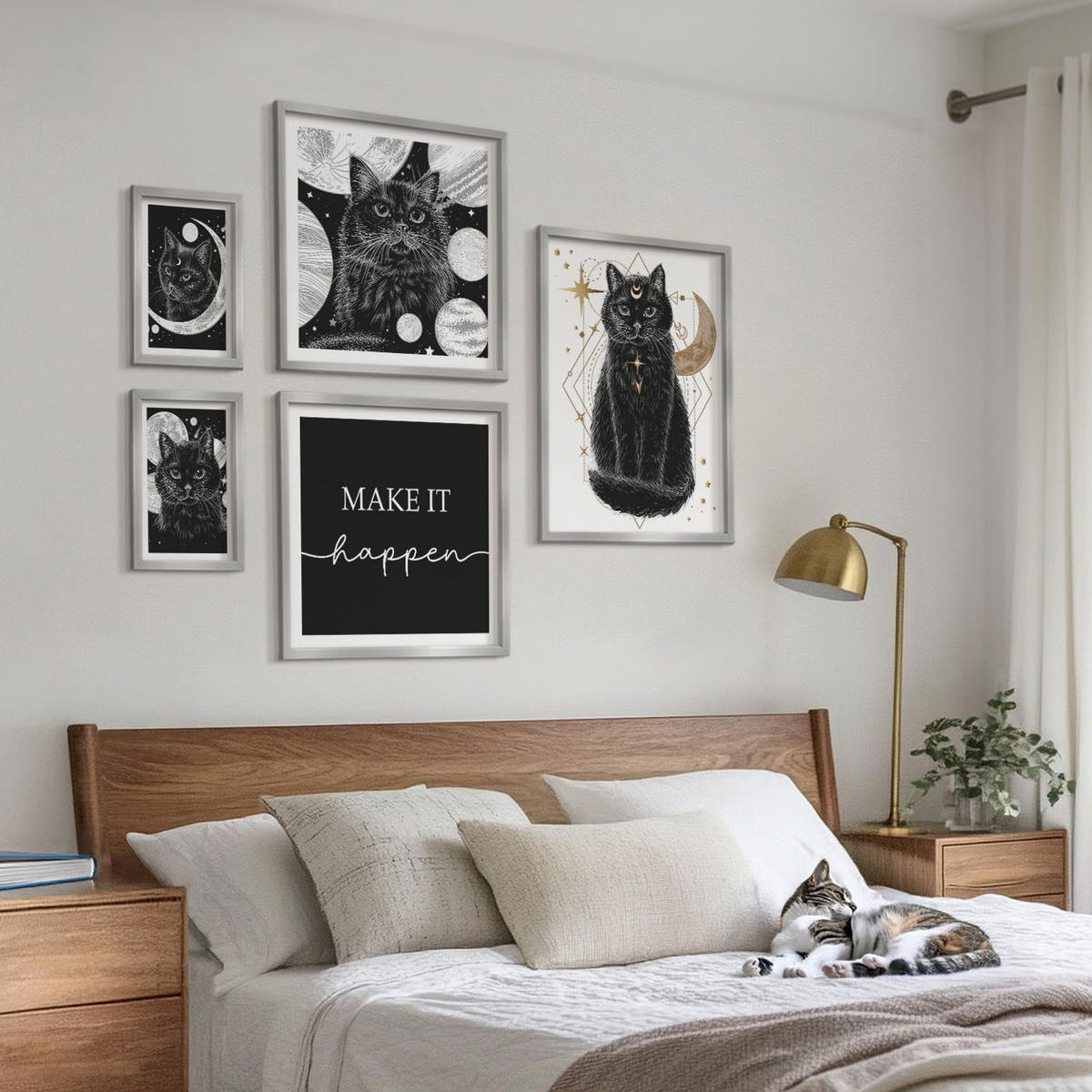 BILDER SET 5er Set - 50x50 cm & 20x30 cm & 40x60 cm Silberner Rahmen - Schwarze Katzen, Mond, Planet - Silberfarben, Kunststoff (40/60cm) - TULUP