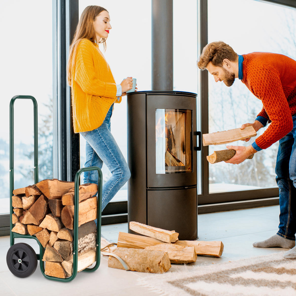 KAMINHOLZWAGEN - Dunkelgrün, Kunststoff/Metall (41/109.5/45cm) - Relaxdays