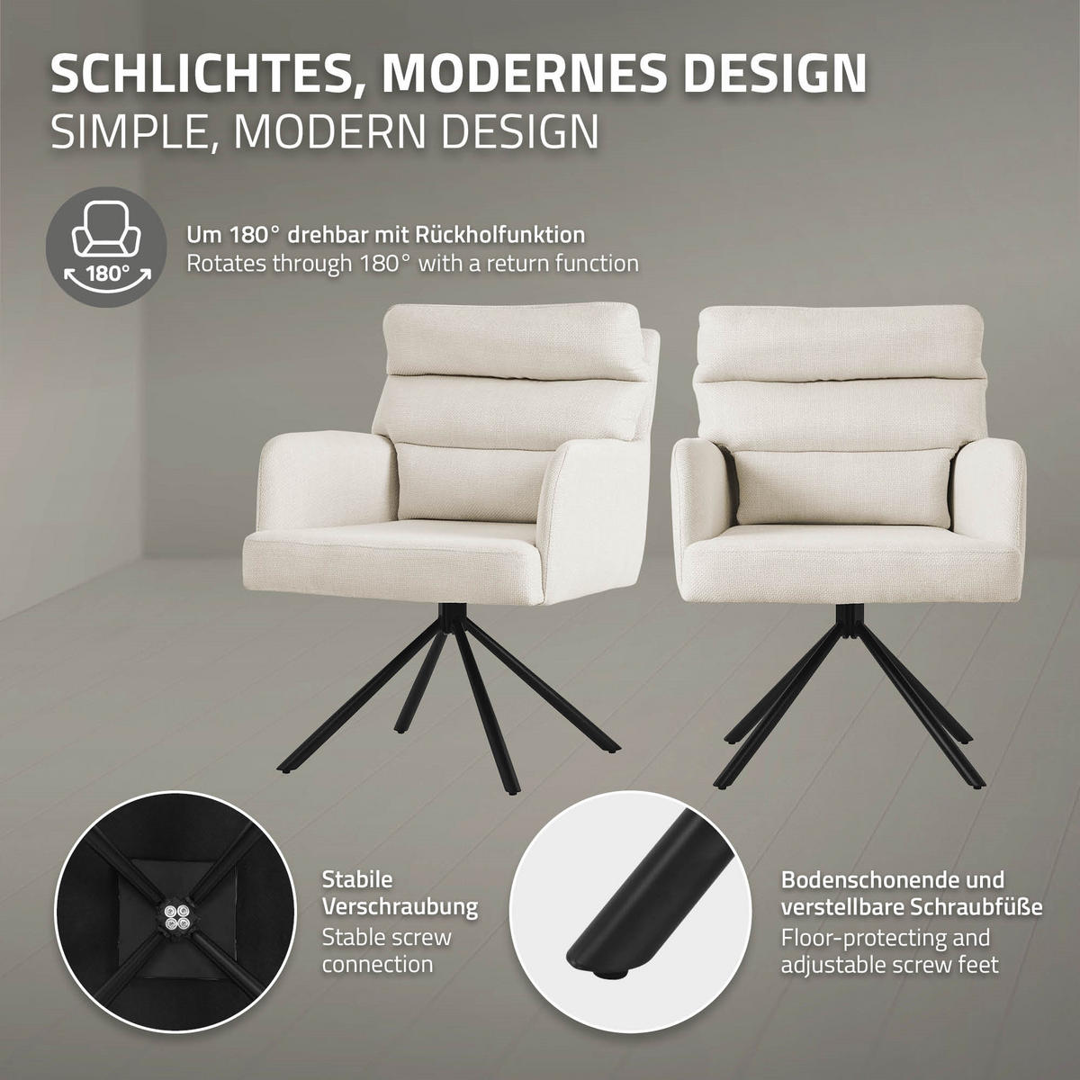 ESSZIMMERSTUHL 2er Set drehbar Beige Stoffbezug - Beige/Schwarz, Textil/Metall (64.5/93/64cm) - ML-DESIGN