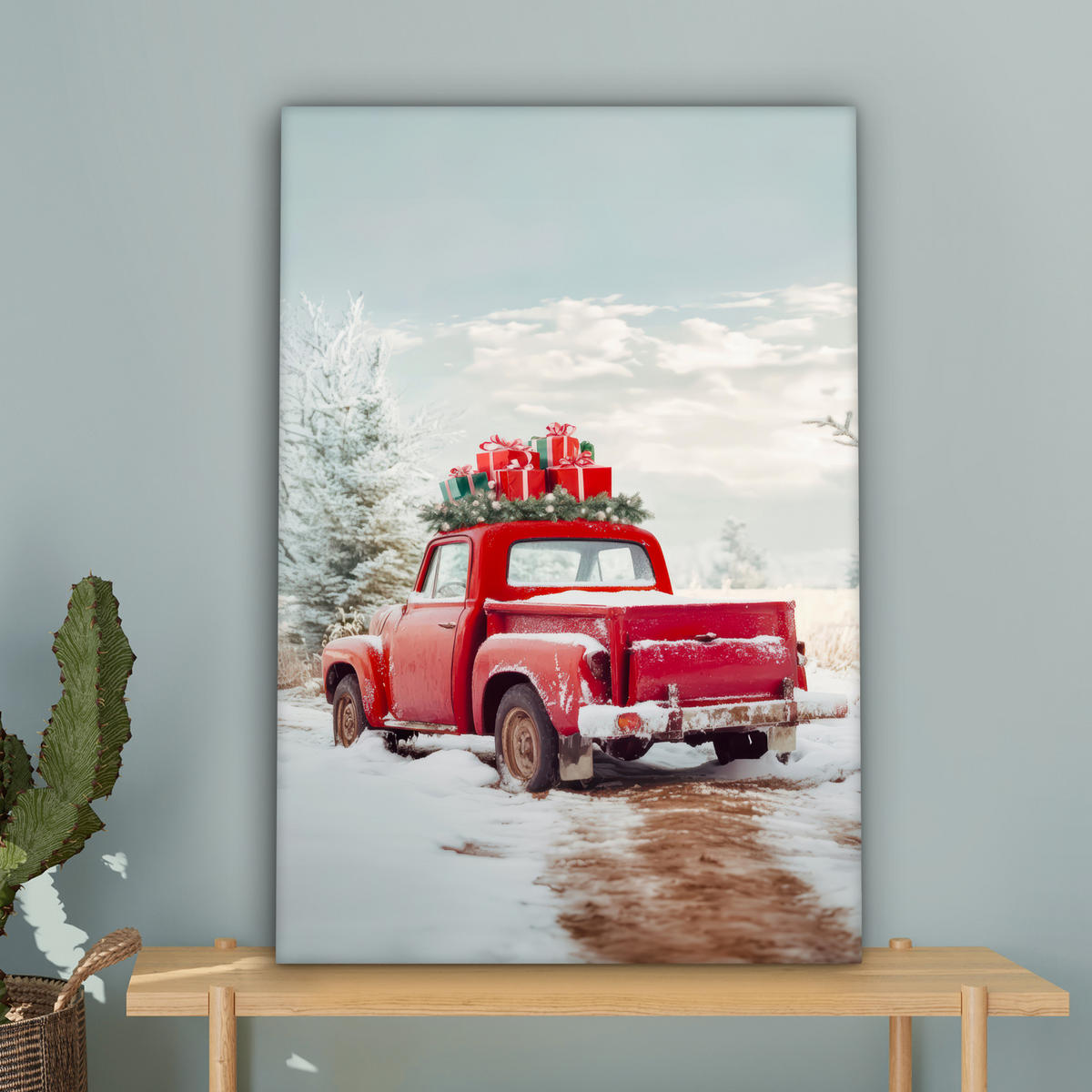 LEINWANDBILD Auto - Rot - Geschenke - Winter - Schnee - Weihnachten Wanddeko Schlafzimmer 60x90 cm - Rot, Textil (60/90cm) - MuchoWow