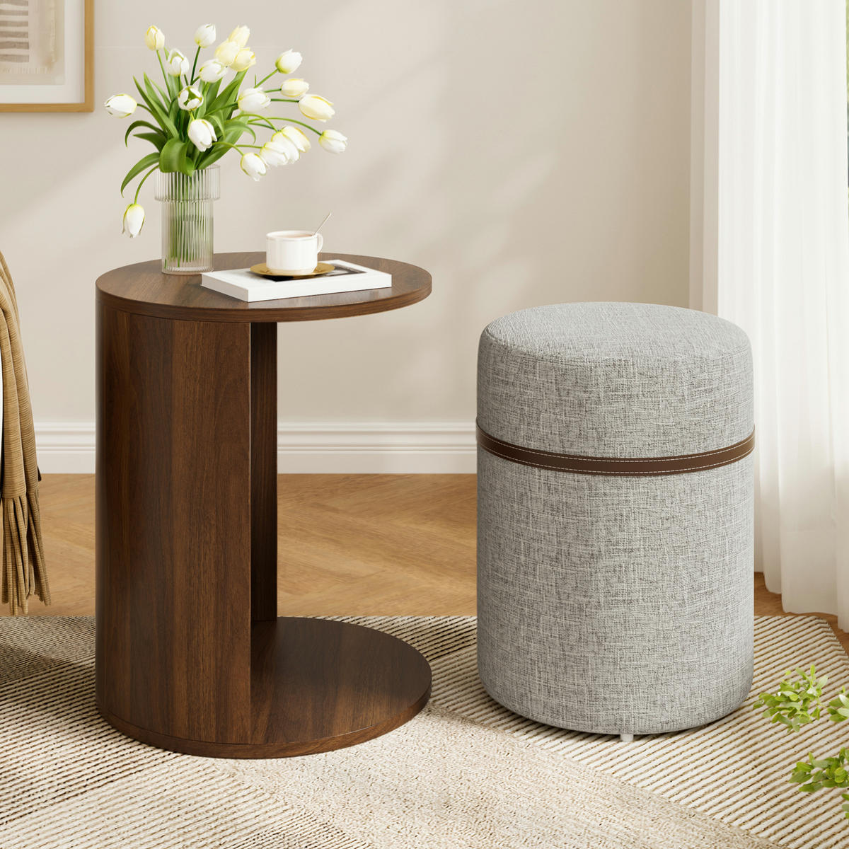 COUCHTISCH SET mit Hocker, rund, MDF mit Stauraum - Walnussfarben, Holzwerkstoff (38/38/47.5cm) - FLIEKS