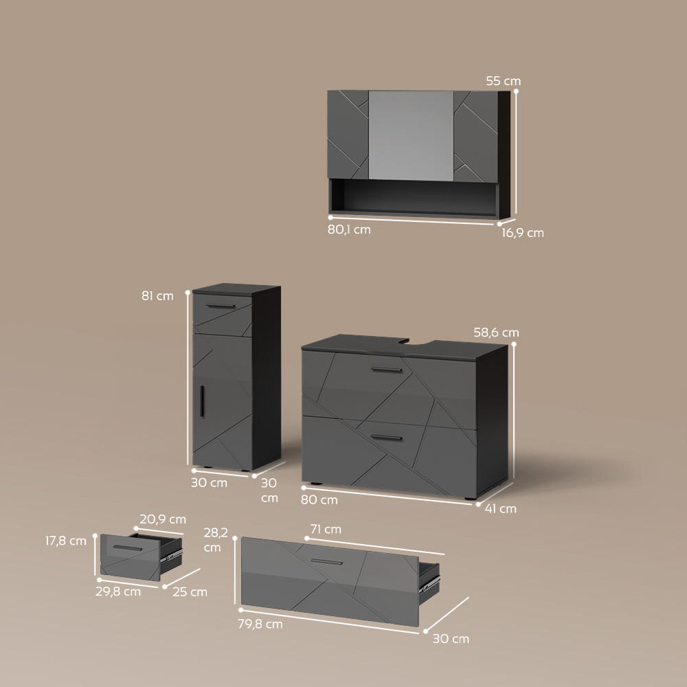 Thumbnail - Livinity® Badmöbel-Set, Schwarz Hochglanz, Holzwerkstoff, 8 Fächer, 2 Schubladen, Rechteckig, 41x80x58 cm, Badezimmer, B...