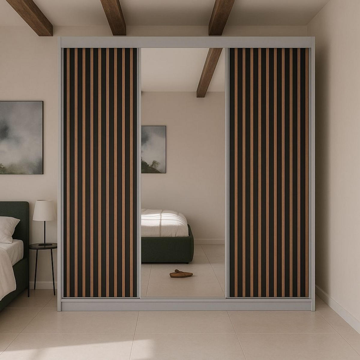 SCHWEBETÜRENSCHRANK Lami mit Spiegel und Lamellen, 215x200x61cm, Weiß+Schwarz - Schwarz/Weiß, Holzwerkstoff (200/215/61cm) - AN-Moebel 4u