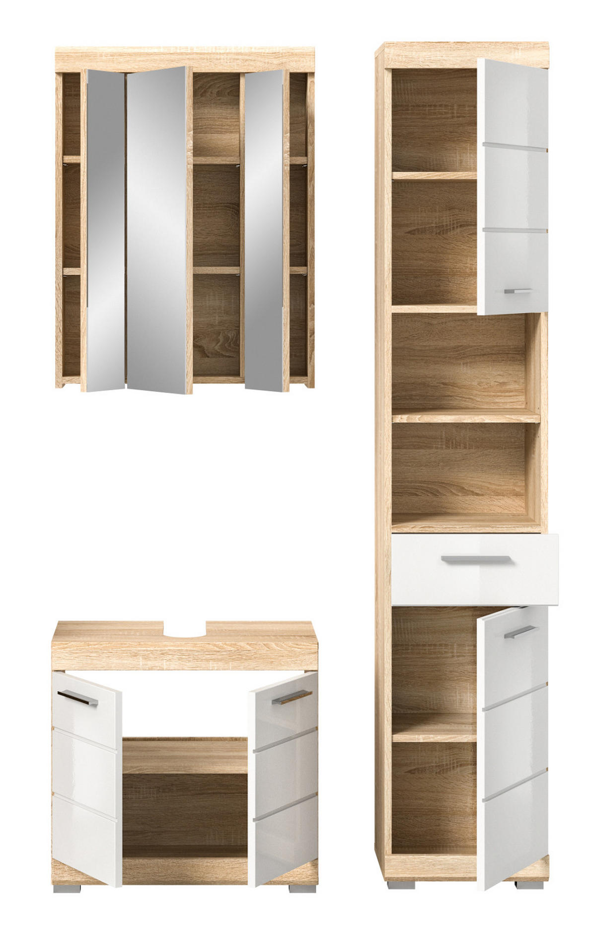 BADMÖBEL-SET weiß Hochglanz, Eiche 3-teilig 112 cm, Kombination mit viel Stauraum - Weiß Hochglanz/Eichefarben, Holzwerkstoff (112/191/34cm) - Inn.Furn