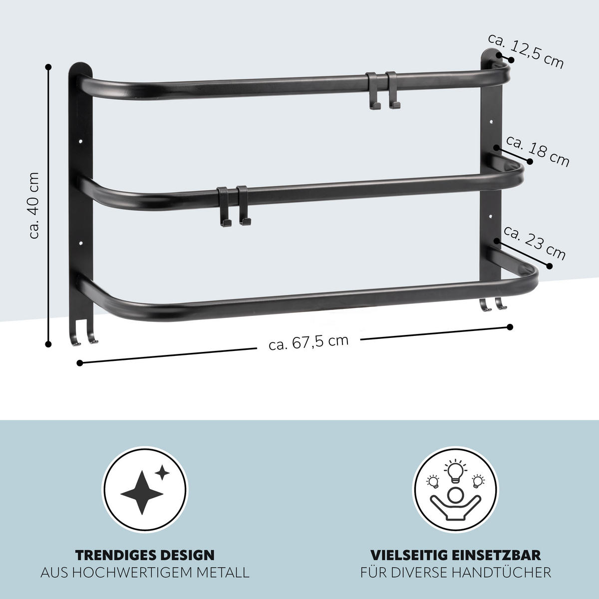 WAND-HANDTUCHHALTER 3 Stangen, schwarz - Schwarz, Metall (67.5/40/23cm) - bremermann
