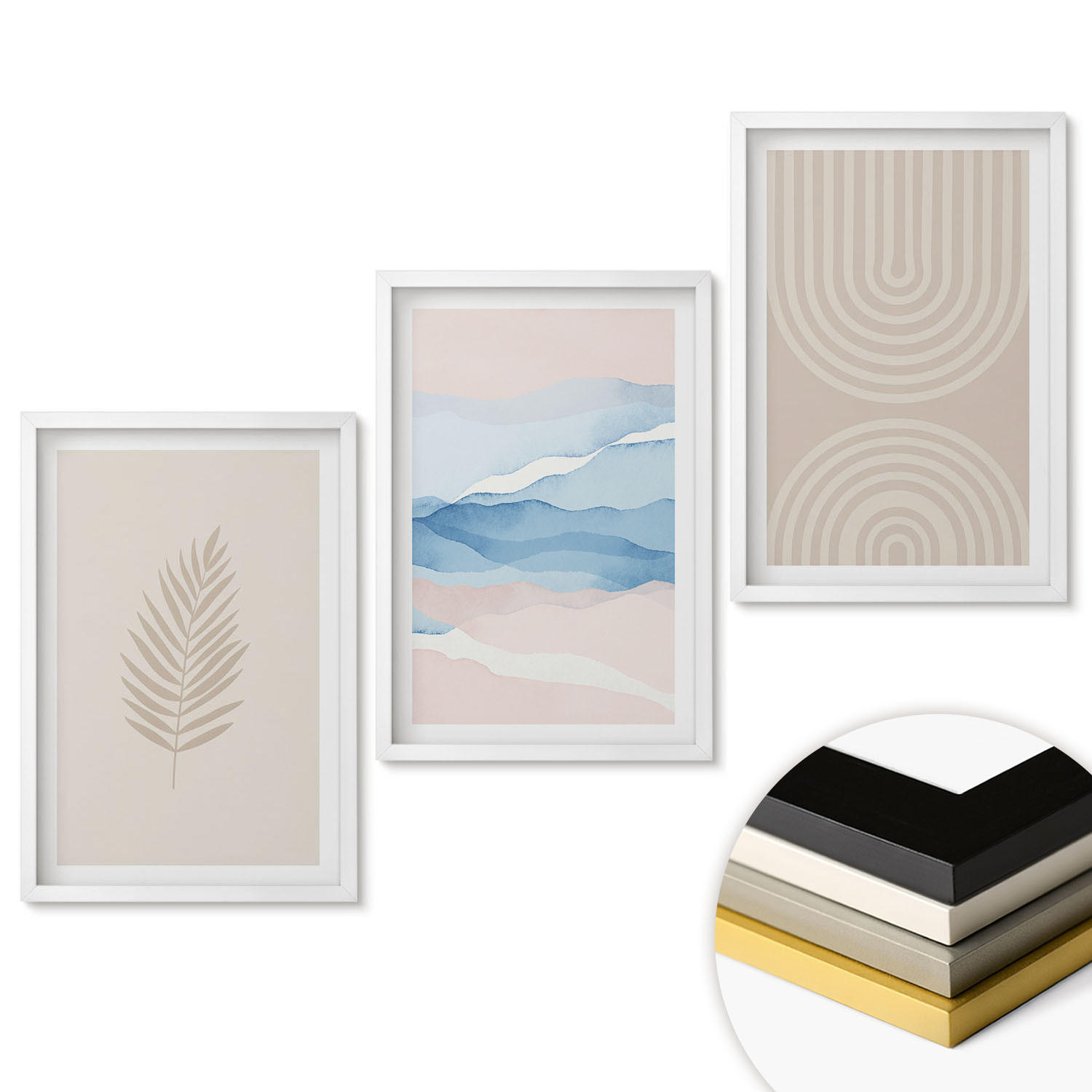 WANDBILDER 3er-Set - 40x60 cm Weißer Rahmen - Blätterwellen beige blau - Weiß, Kunststoff (40/60cm) - ArtPrintCave
