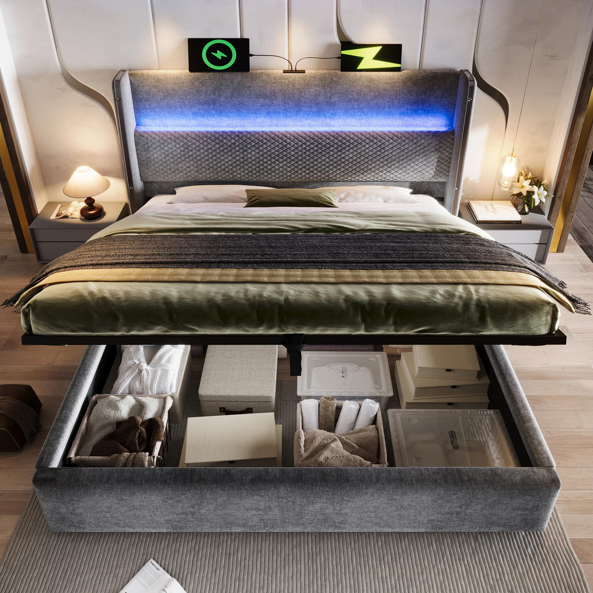 POLSTERBETT 140/200 cm Grau mit LED-Beleuchtung und Stauraum - Grau, Textil (140/200cm) - OKWISH