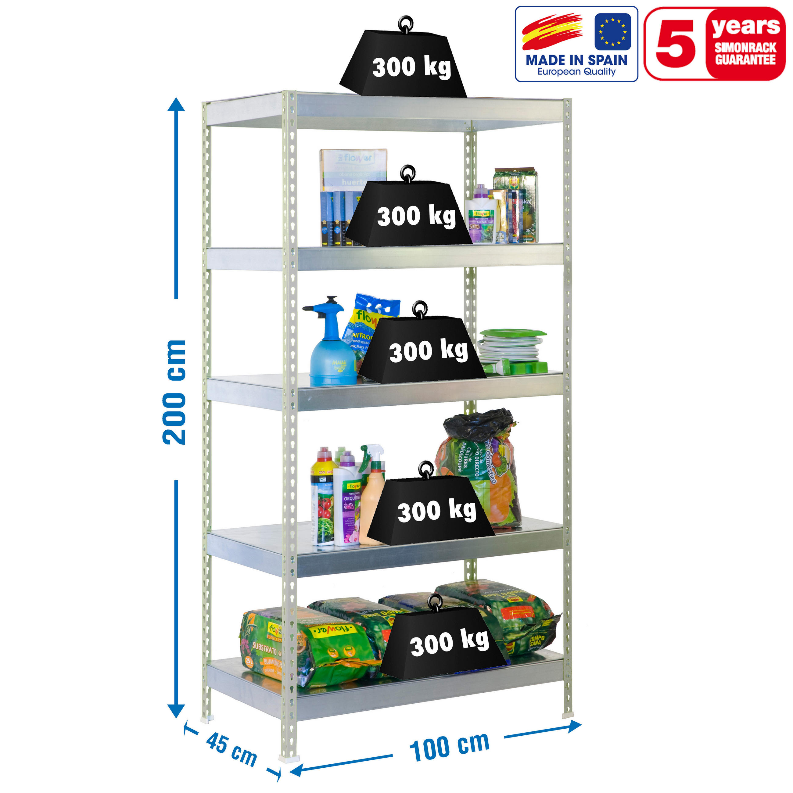 SCHWERLASTREGAL METAL YETI LIGHT FIVE | HxBxT 200x100x45cm | Fachlast 300kg | Verzinkt - Silberfarben, Metall (100/200/45cm) - PROREGAL