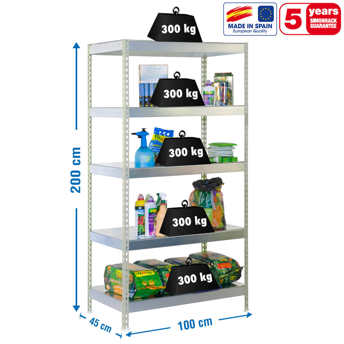 SCHWERLASTREGAL METAL YETI LIGHT FIVE | HxBxT 200x100x45cm | Fachlast 300kg | Verzinkt - Silberfarben, Metall (100/200/45cm) - PROREGAL