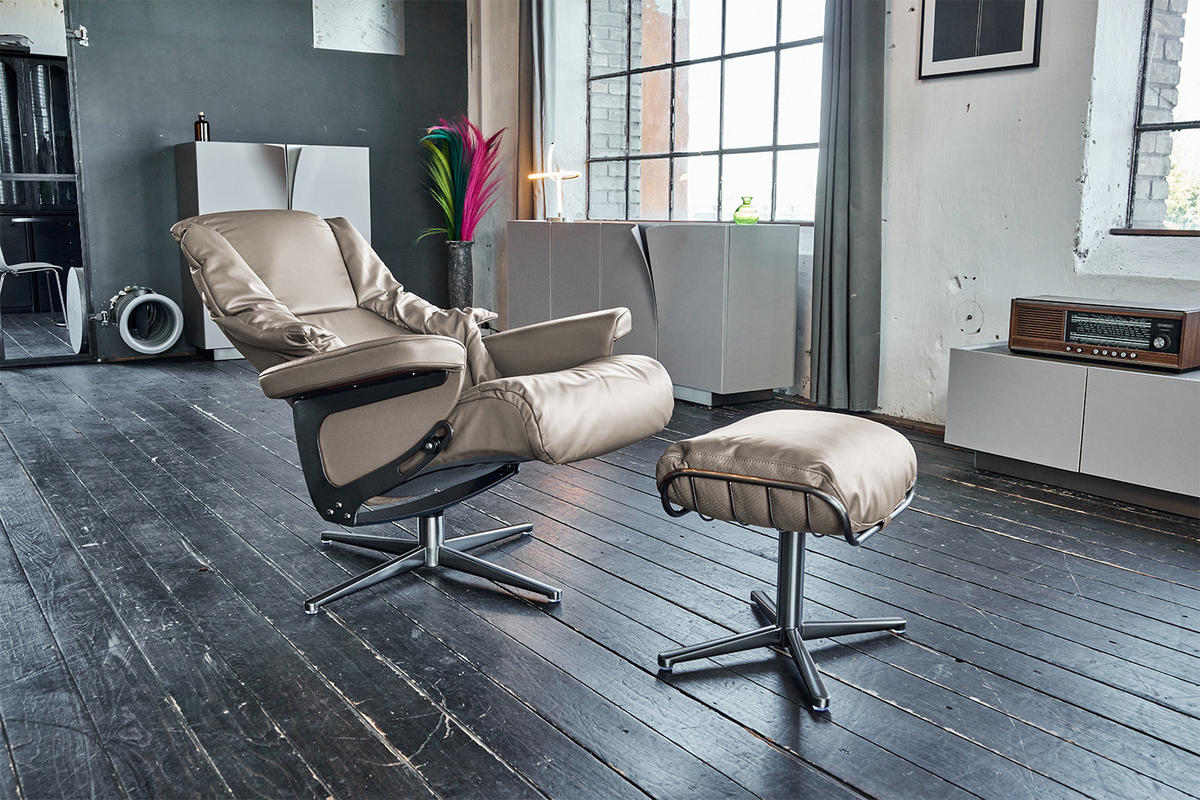 RELAXSESSEL MIT HOCKER MODO Hellgrau Leder - Silberfarben/Hellgrau, Leder/Metall (81/98/90cm) - KAWOLA