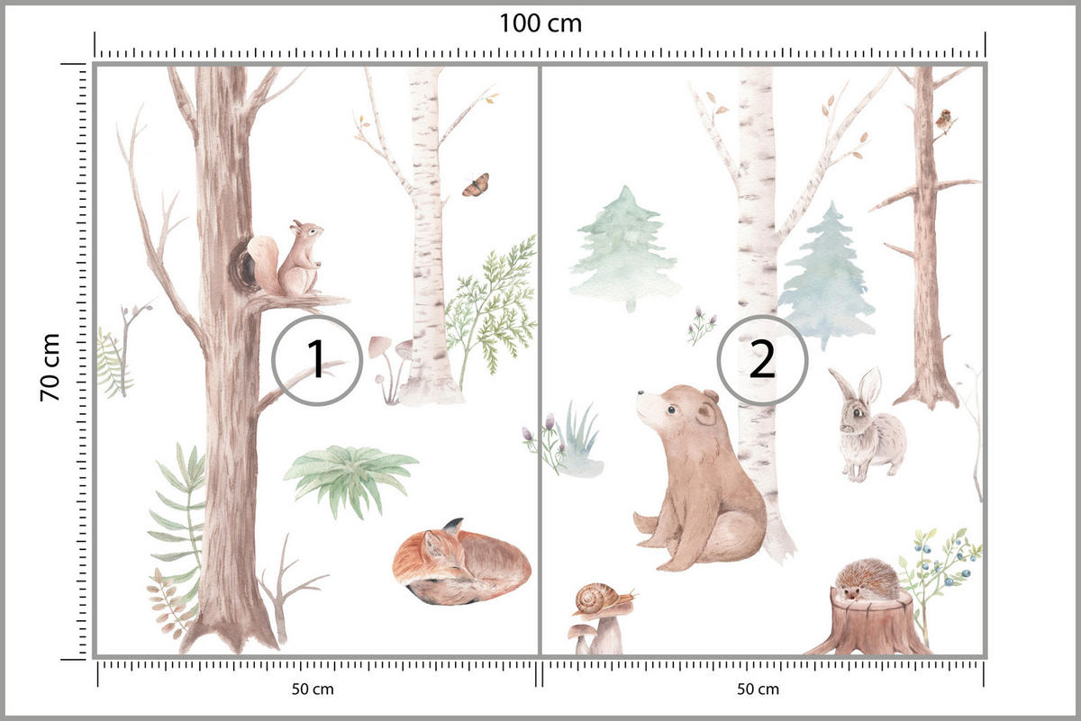 FOTOTAPETE für Kinderzimmer Wilde Waldtiere Aquarell Bäume 100x70 - Orange/Braun, Papier (100/70cm) - Muralo