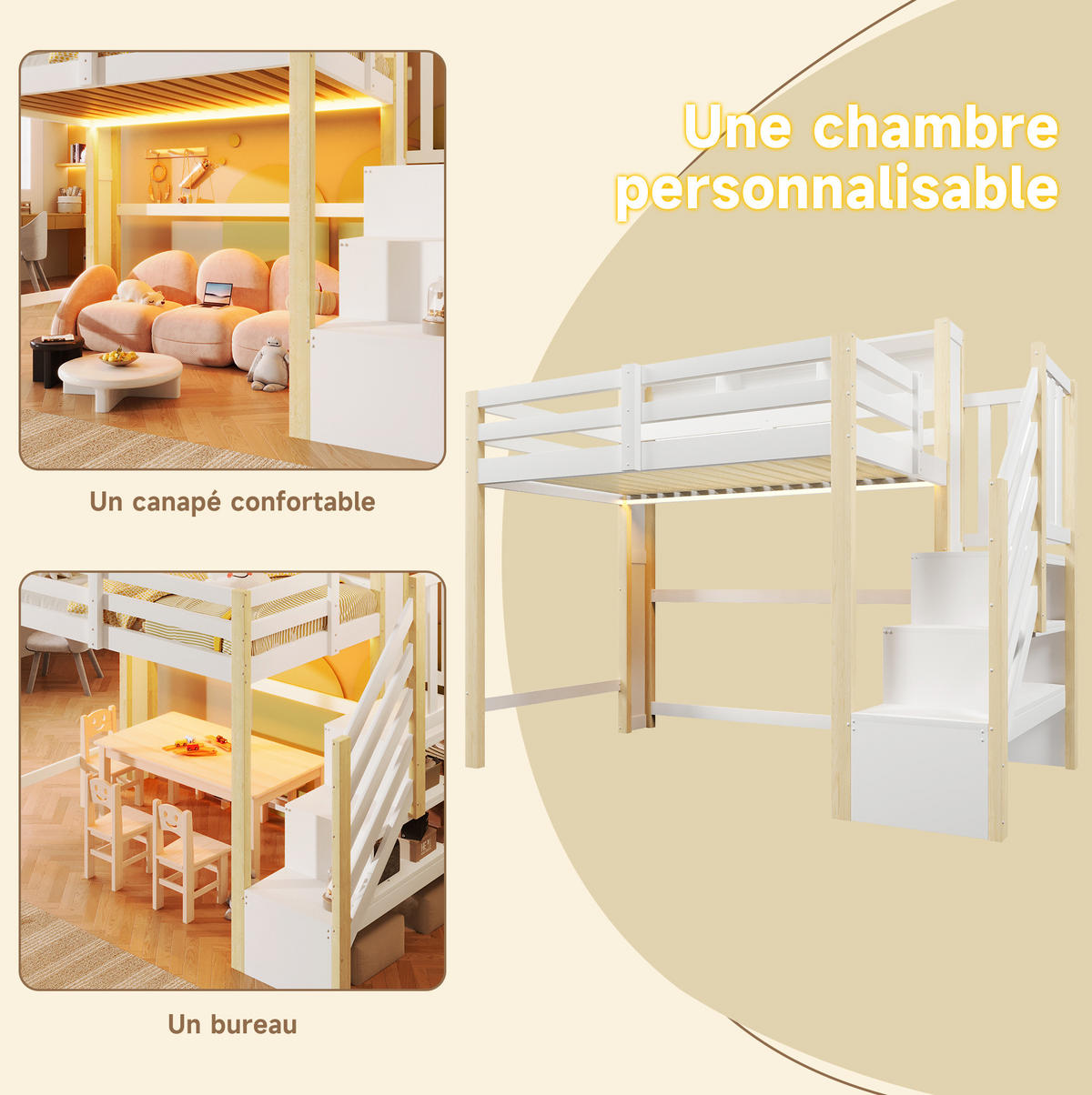 HOCHBETT 90/200 cm Weiß Natur mit LED, Stauraum ohne Matratze - Weiß, Holz (90/200cm) - MIVRAY