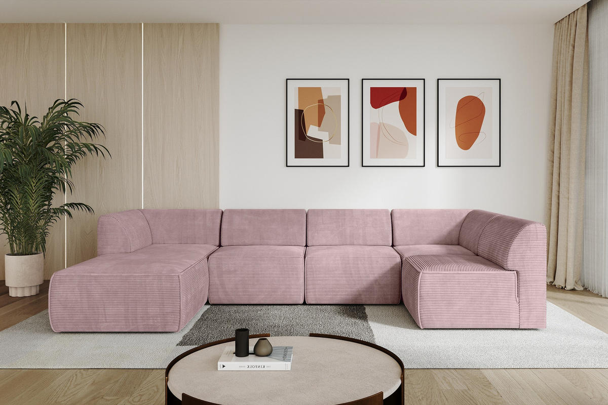 WOHNLANDSCHAFT Ottomane Links MOVA 345x180x78 Rosa Cord - Schwarz/Rosa, Holzwerkstoff/Kunststoff (180/78/345cm) - ALTDECOR