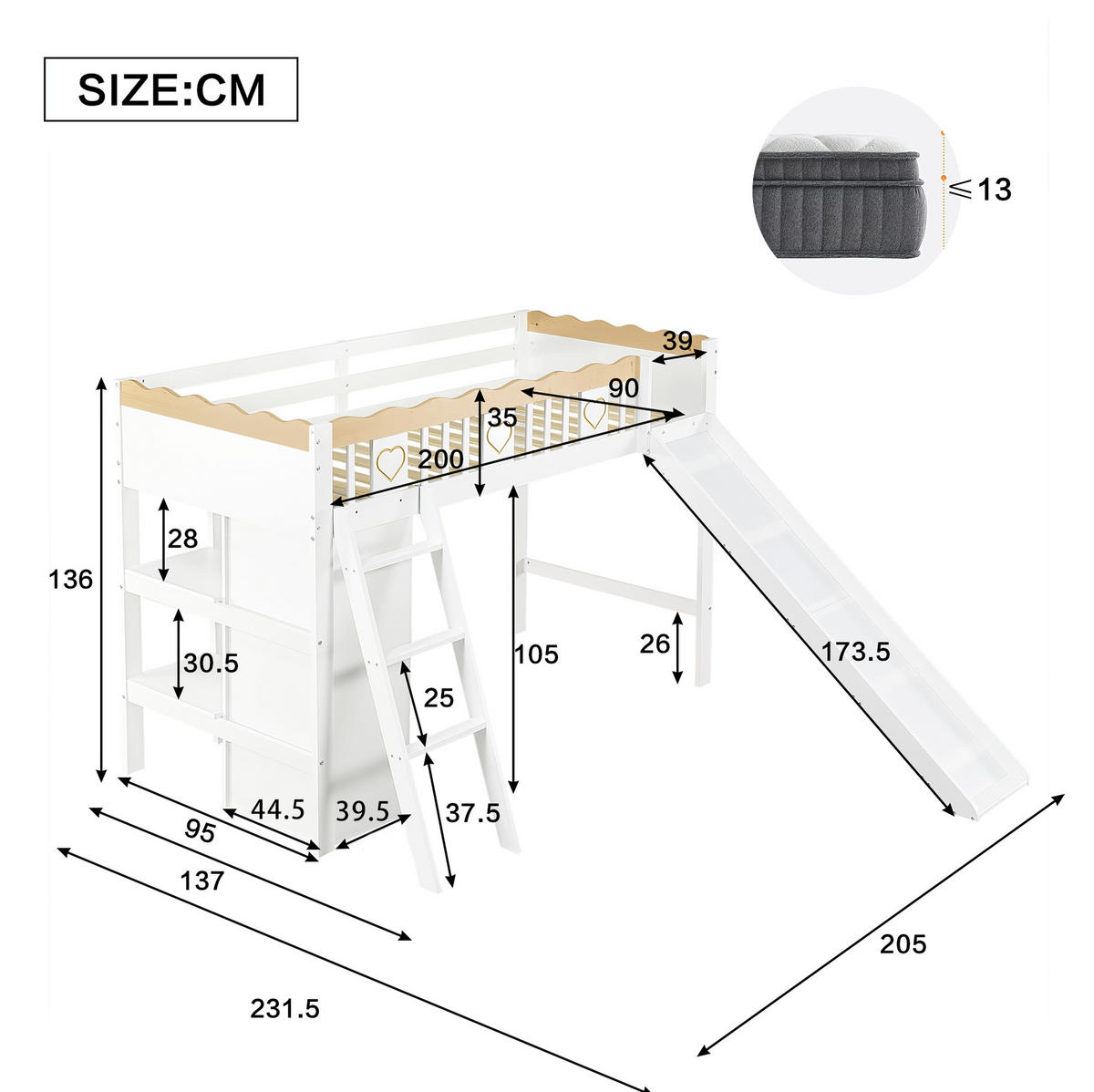 VISOKI krevet 90/200 cm s toboganom, ormarom i odlaganjem ispod kreveta, Bijela/prirodna - bijela, drvo (90/200cm) - Redom