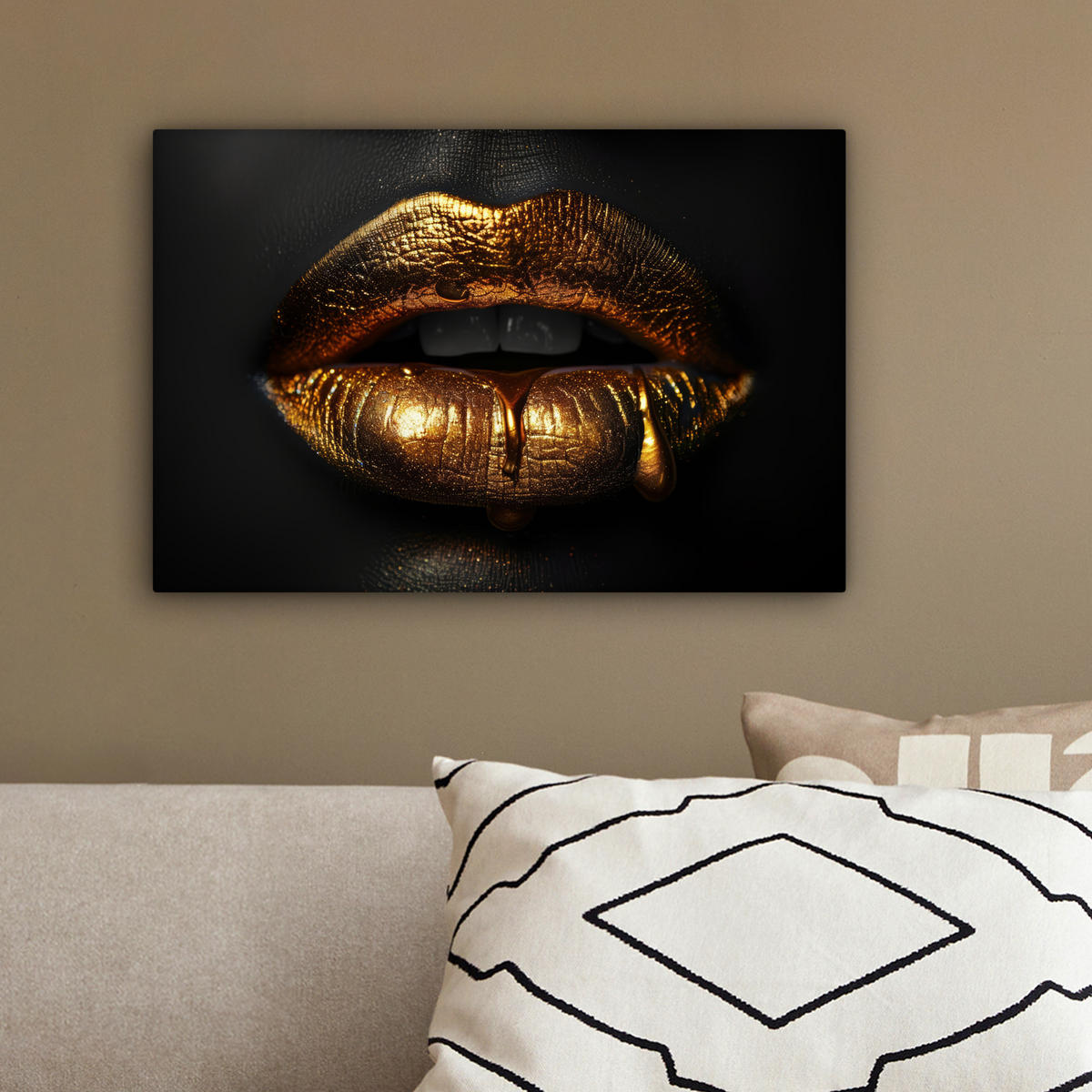 LEINWANDBILD Frau - Porträt - Lippen - Gold - Schwarz 30x20 cm - Schwarz, Textil (30/20cm) - MuchoWow