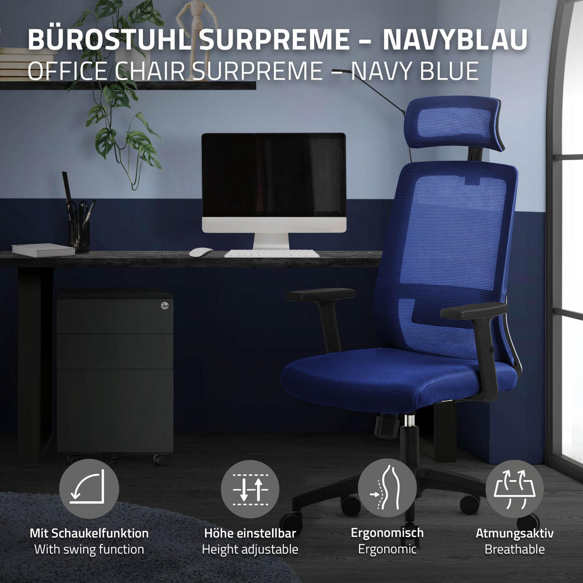 SCHREIBTISCHSTUHL Surpreme navy - Blau, Kunststoff (66/123/68cm) - ML-DESIGN