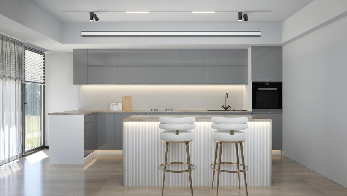 L-KÜCHE mit Insel Velmora Grau Hochglanz – 410 × 130 cm + Insel 180 cm – KÜ-AS-020 – Grau - Grau, Holzwerkstoff (410/212/58cm) - ROYAL24_MARKT