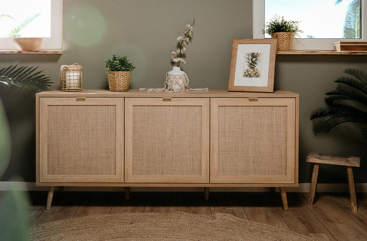 SIDEBOARD Eiche Sonoma, Bast-Dekor 150 cm, Kommode skandinavisch - Eichefarben, Holz/Holzwerkstoff (150/71/40cm) - Furn.Design