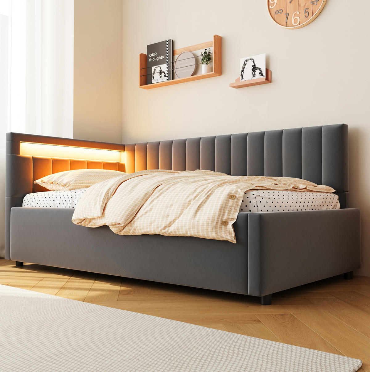 POLSTERBETT aus Samtstoff 90x200 cm Grau mit LED-Beleuchtung, hydraulischem Stauraum und verstellbarem Kopfteil - Grau, Textil (90/200cm) - Modfu