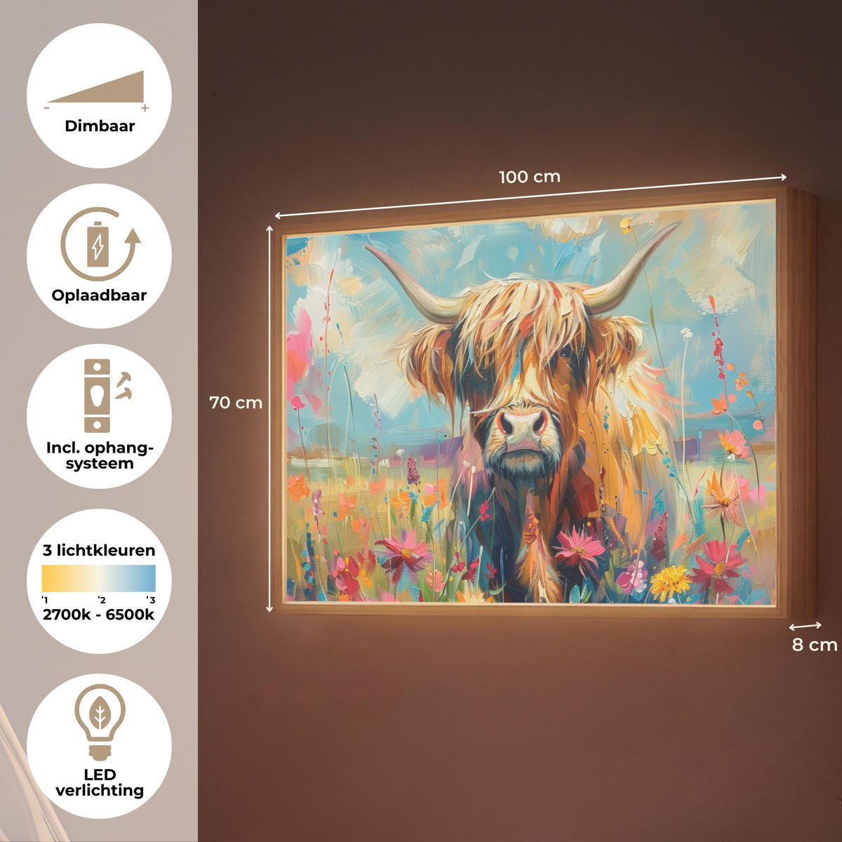 NÁSTĚNNÁ LAMPA S AKUMULÁTOREM Skotský horal - Příroda - Barevné - Květiny 100x70 cm - různobarevná, kompozitní dřevo (100/70/8cm) - OnlyWow